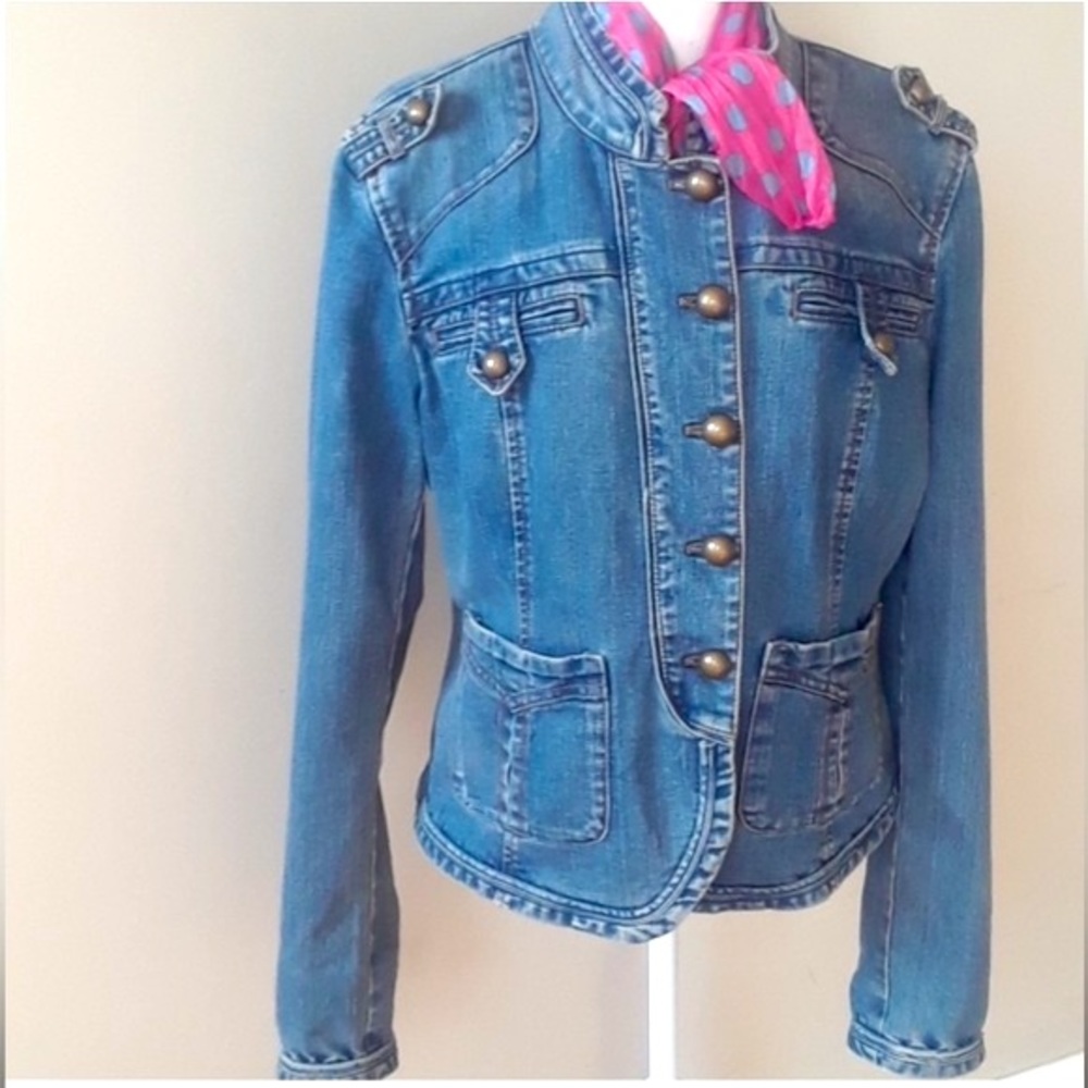 Vintage DKNY Denim Military Jacket with Bronze Buttons - Picture 7 of 10